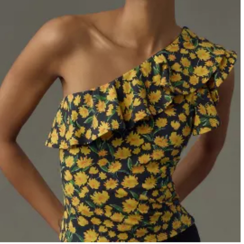 Nwt Anthropologie Maeve Yellow Floral Ruffle One Shoulder Top Shirt Size Medium